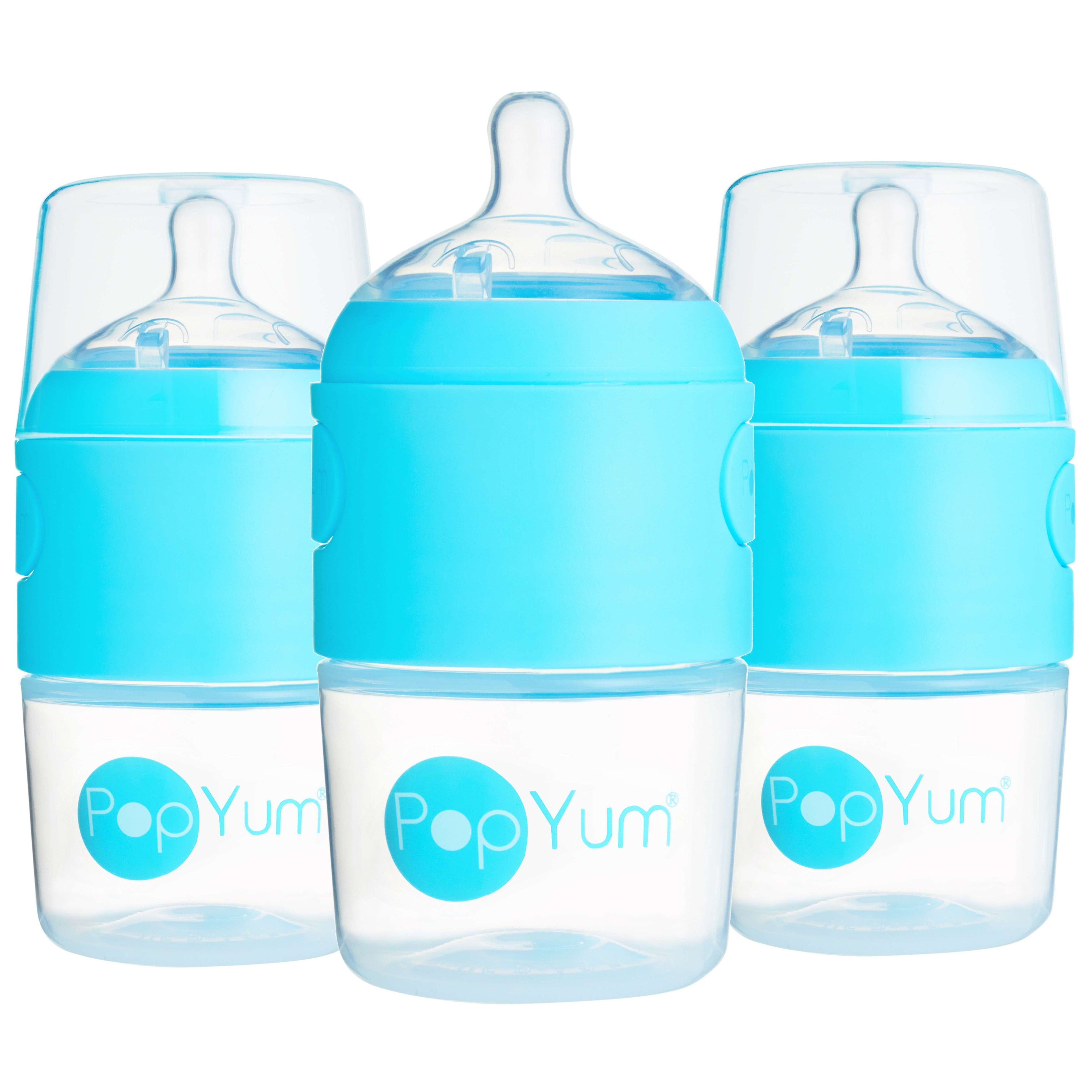 PopYum 5oz Anti-Colic Baby Bottle for Breast and Formula Feeding, 3-Pack, Blue, #1 Slow Flow Nipples