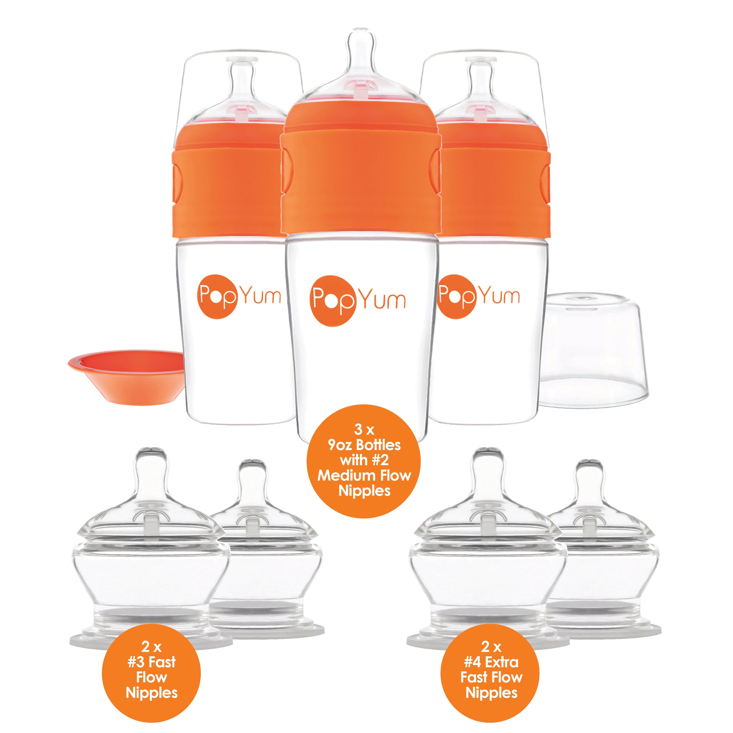 PopYum Orange 7 Piece Bundle: 9oz Bottle 3-Pack + 2 Nipple 2-Packs