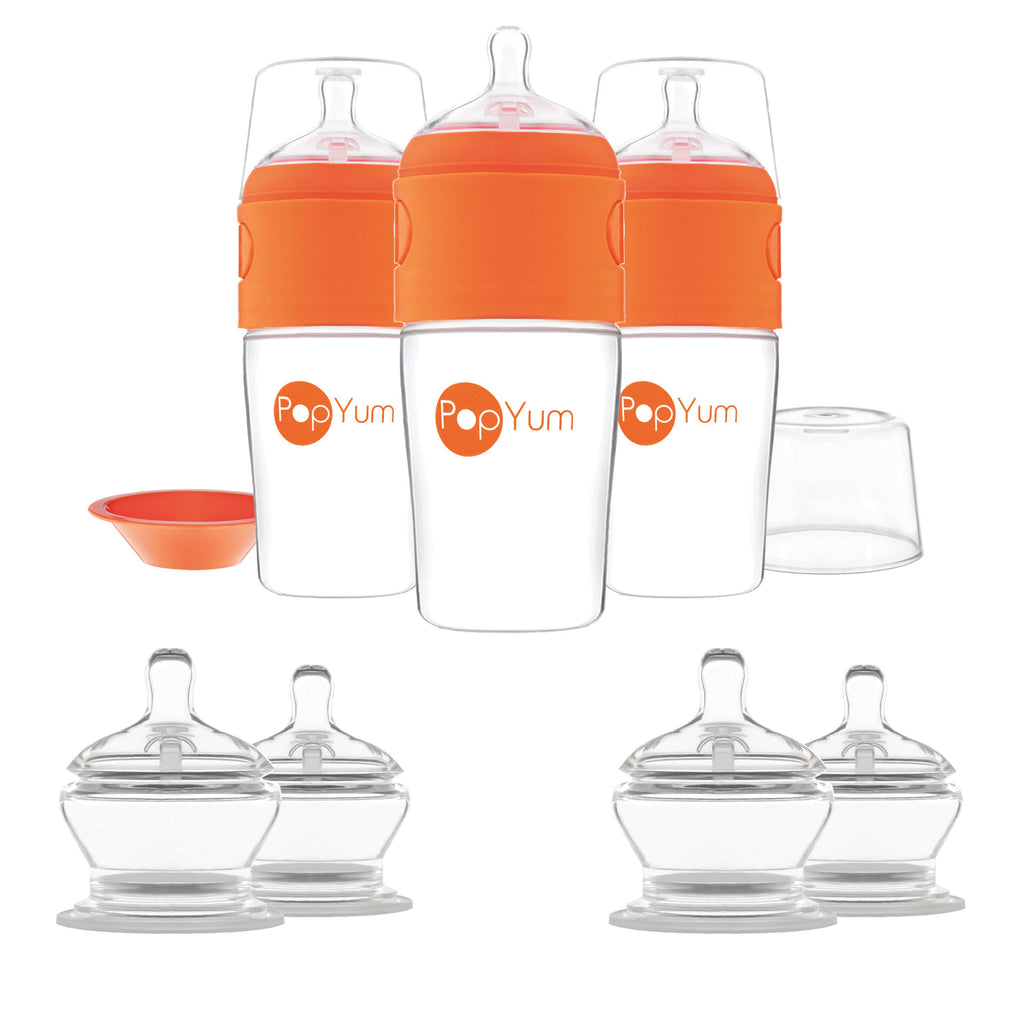 PopYum Orange 7 Piece Bundle: 9oz Bottle 3-Pack + 2 Nipple 2-Packs