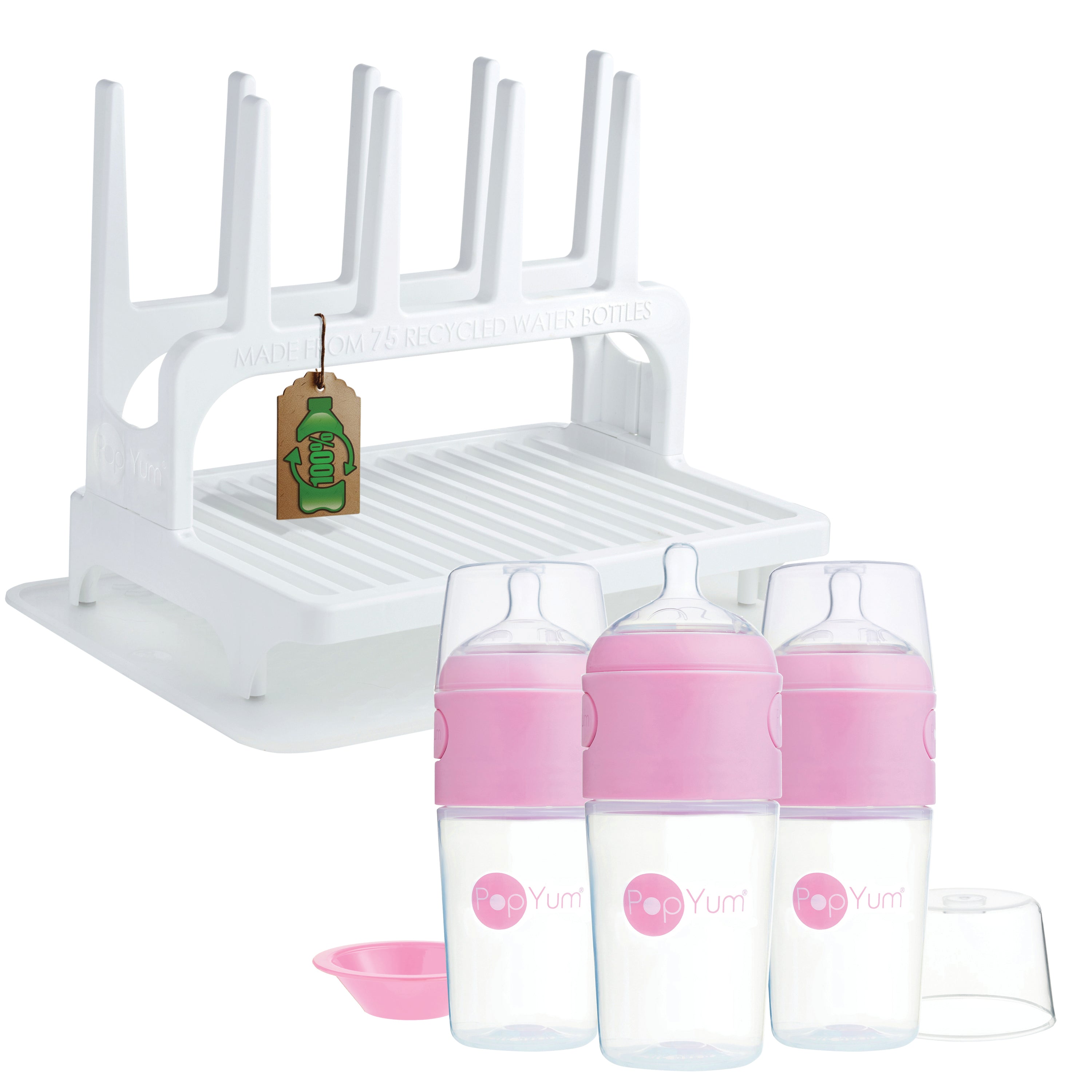 PopYum 9 oz Pink Formula Making Baby Bottle 3-Pk with White Drying Rack & Clear Drying Mat Bundle