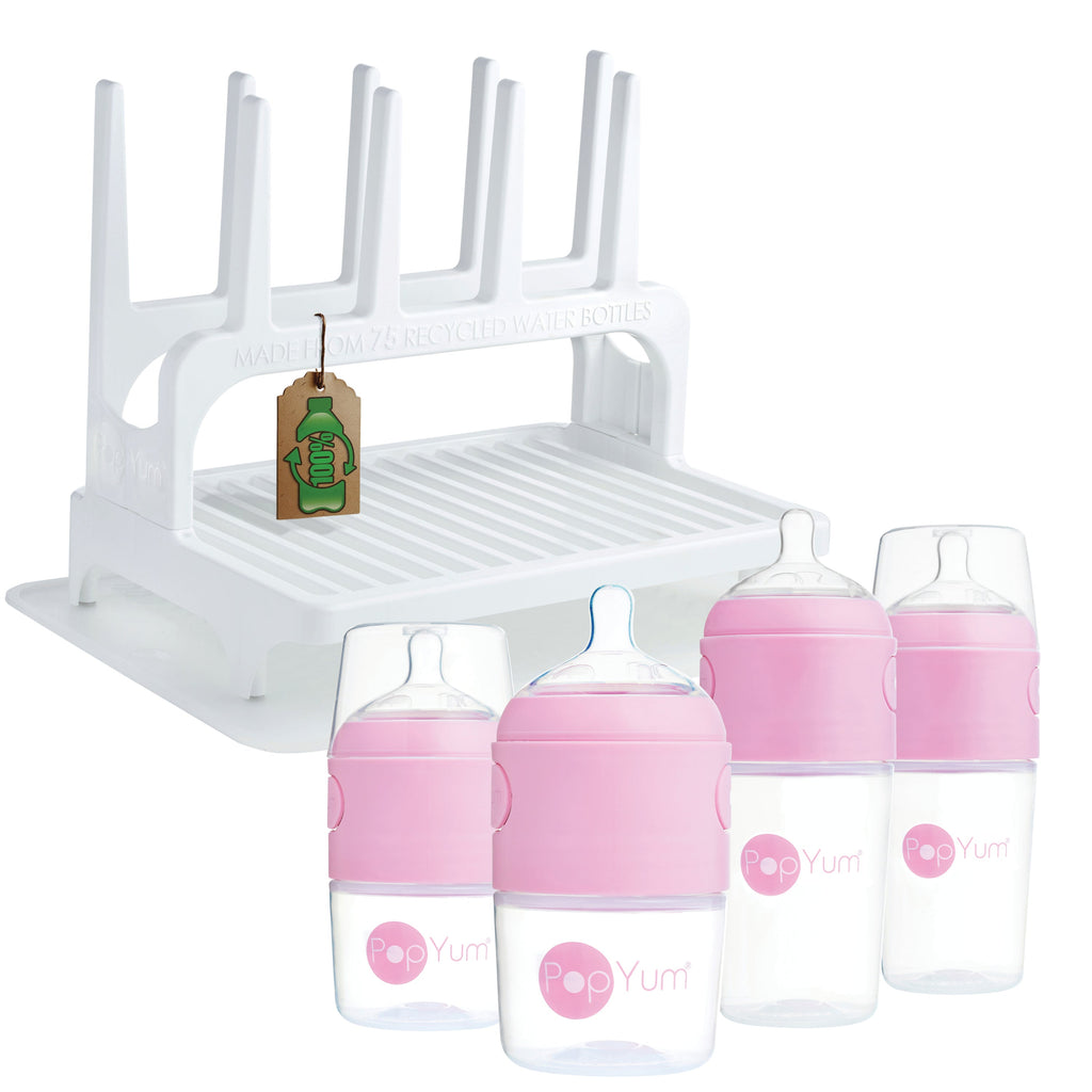 PopYum Pink Baby Bottle Set 4-Pack with White Drying Rack & Clear Drying Mat Bundle
