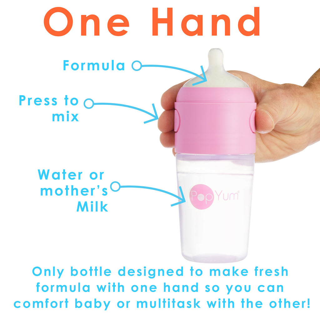 PopYum 9 oz Pink Formula Making Baby Bottle 3-Pk with White Drying Rack & Clear Drying Mat Bundle