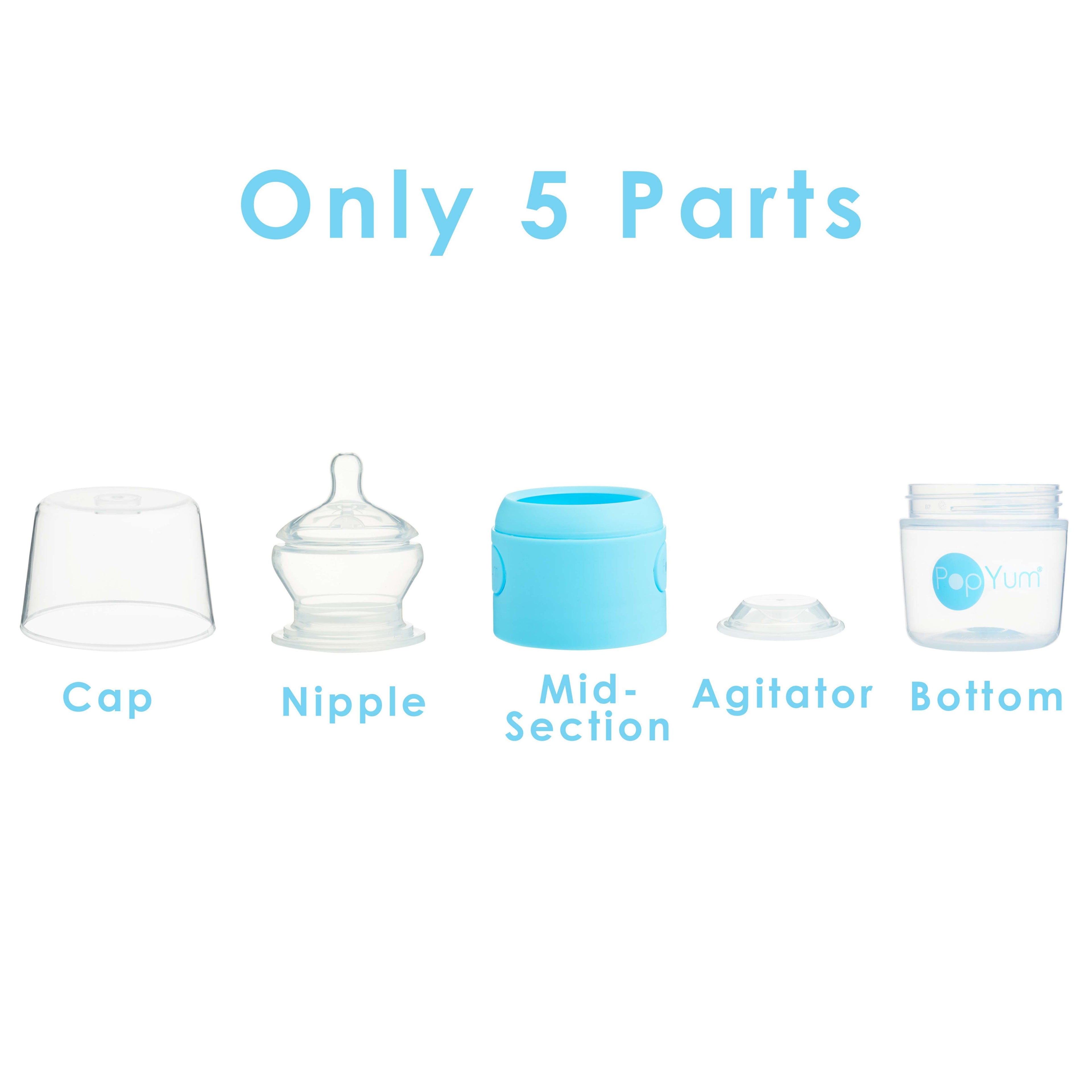 PopYum 5oz Anti-Colic Baby Bottle for Breast and Formula Feeding, 3-Pack, Blue, #1 Slow Flow Nipples