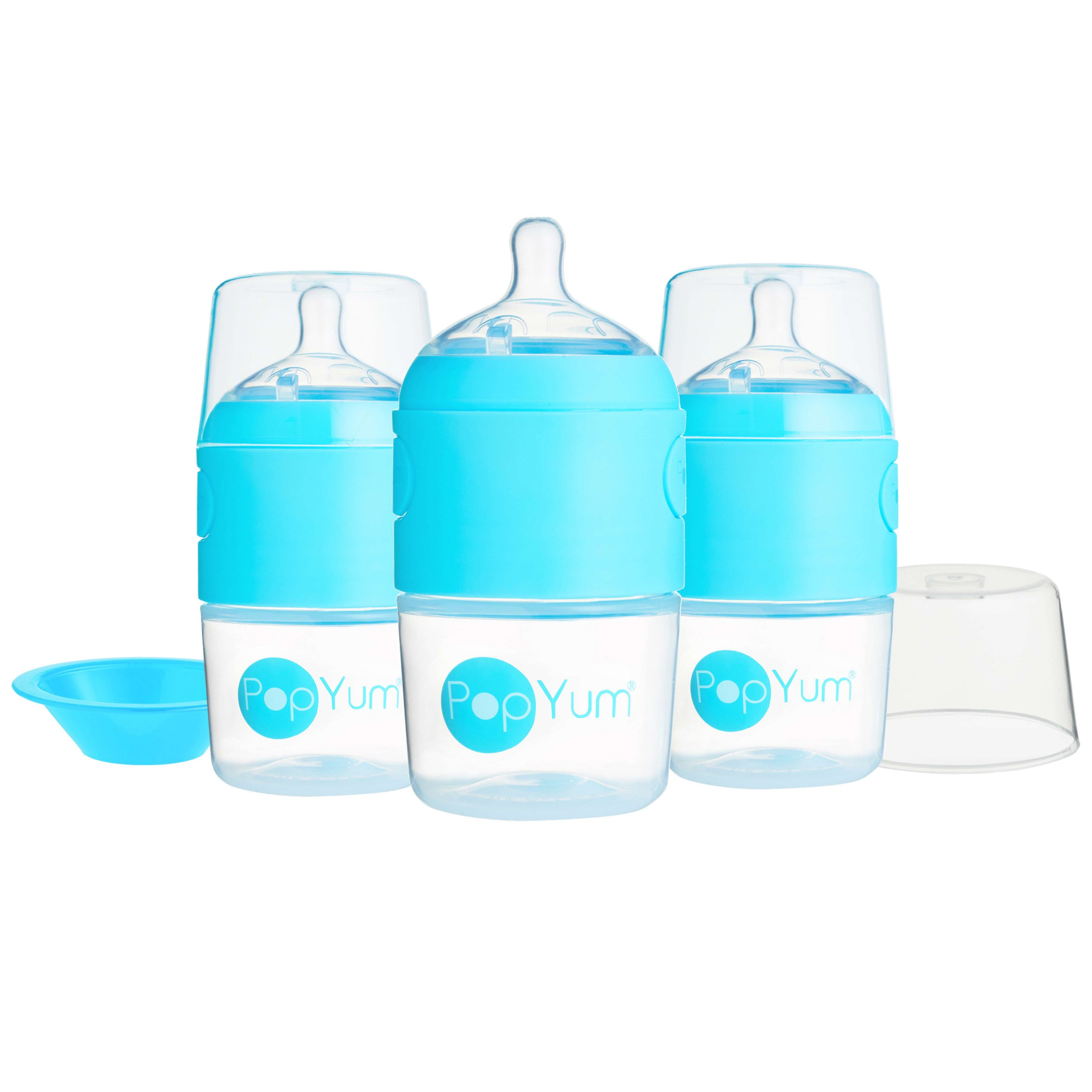 PopYum 5oz Anti-Colic Baby Bottle for Breast and Formula Feeding, 3-Pack, Blue, #1 Slow Flow Nipples