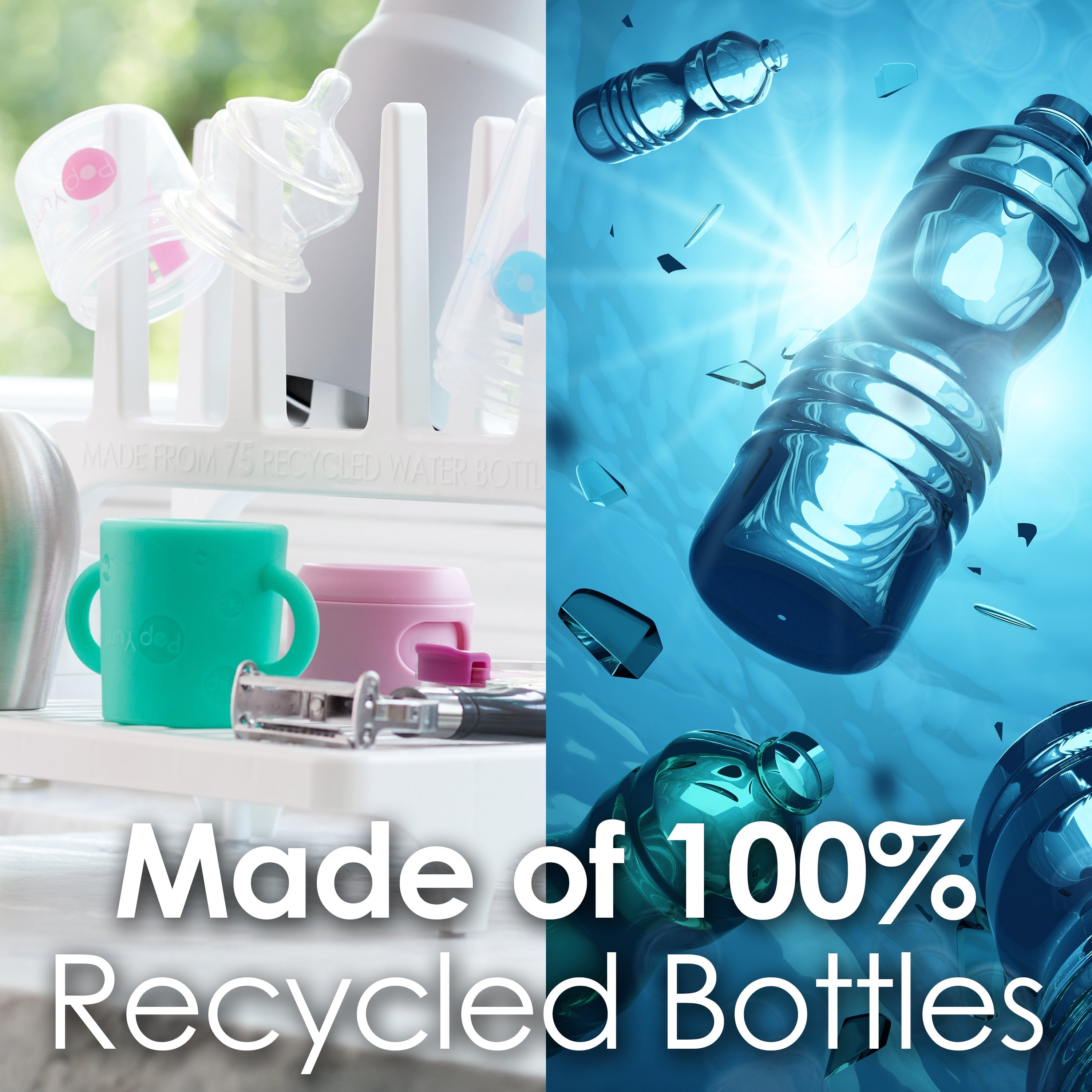 PopYum Pink Baby Bottle Set 4-Pack with White Drying Rack & Clear Drying Mat Bundle