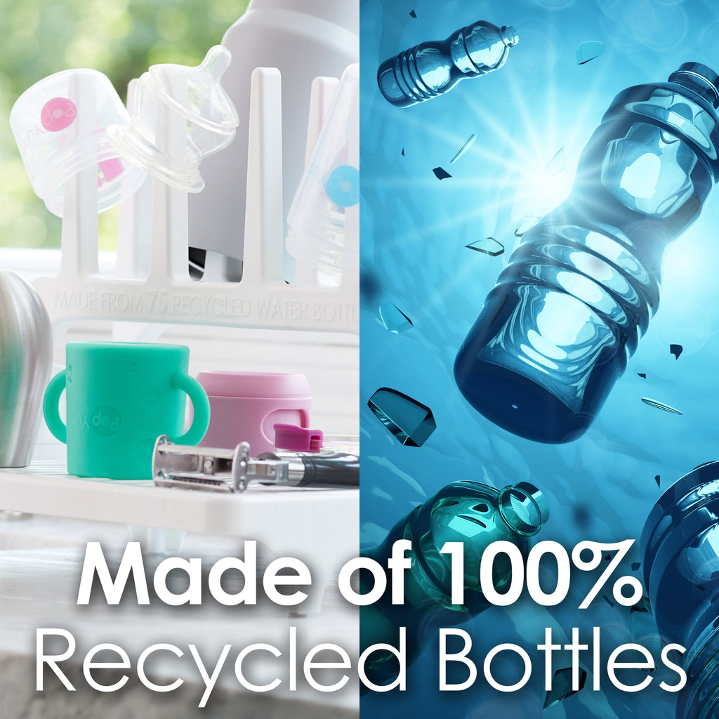 PopYum 9 oz Pink Formula Making Baby Bottle 3-Pk with White Drying Rack & Clear Drying Mat Bundle