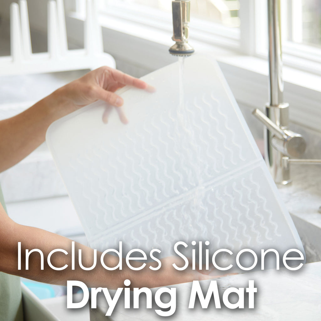 PopYum 9 oz Pink Formula Making Baby Bottle 3-Pk with White Drying Rack & Clear Drying Mat Bundle